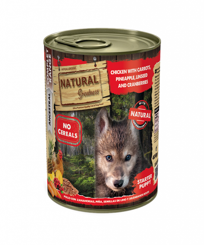 Lata Pollo con Zanahorias, Piña, Semillas de lino y Arándanos rojos 400G