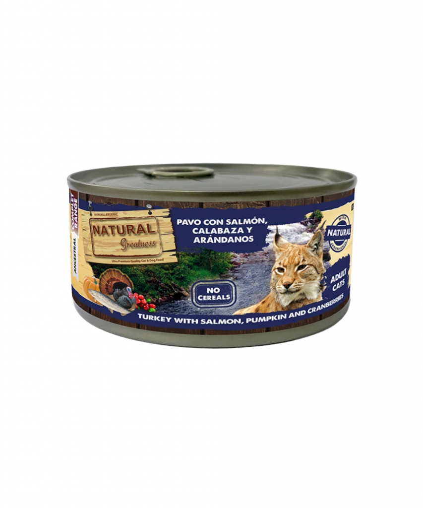 Lata Gatos de Pavo con salmón, calabaza y arándanos
